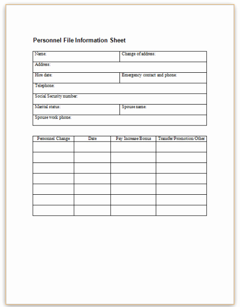 Employee Personnel File Template Luxury form Specifications
