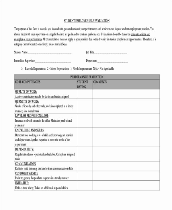 Employee Self assessment Template Fresh Sample Employee Self Evaluation form 10 Free Documents