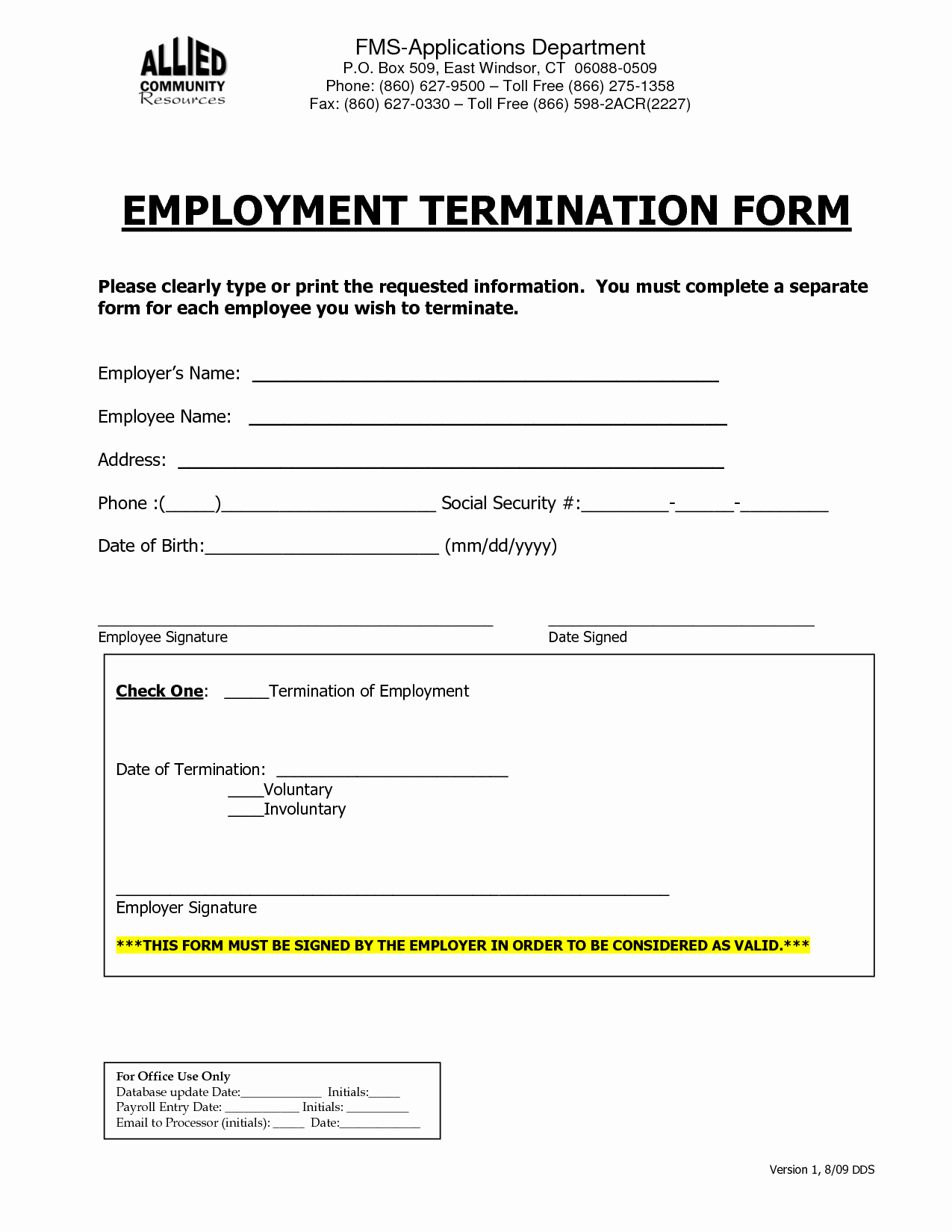 Employee Separation form Template Elegant Employment Termination form