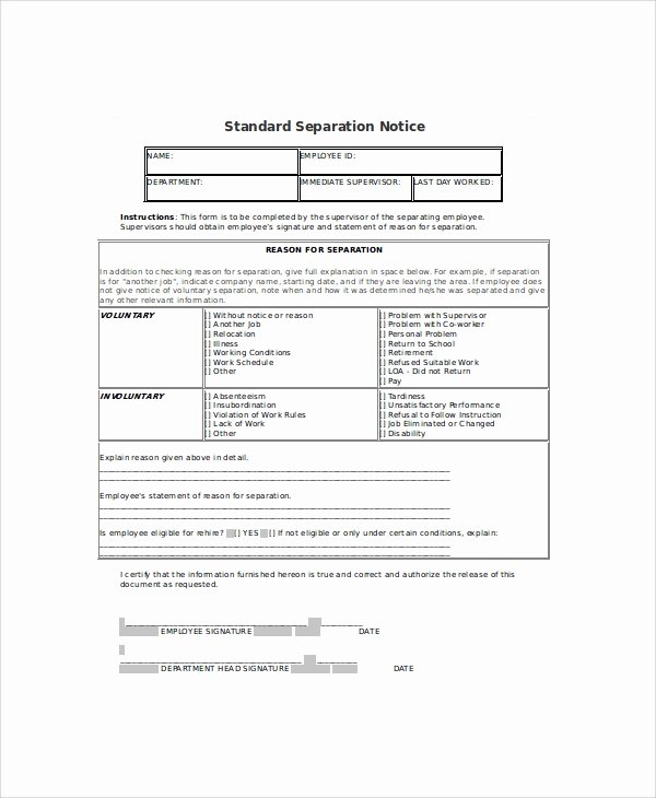 Employee Separation form Template Fresh 9 Separation Notice Templates