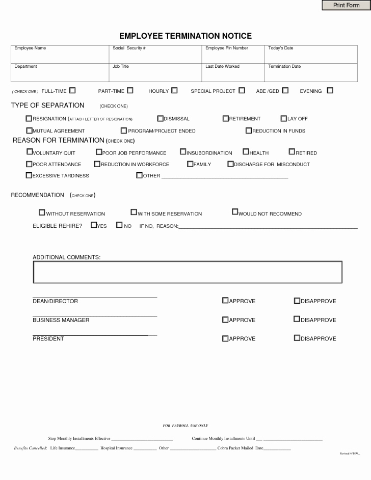 Employee Separation form Template Inspirational form Employment Separation form