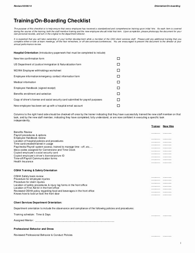 Employee Training Program Template New Employee orientation and Boarding Outline 2014 Cah