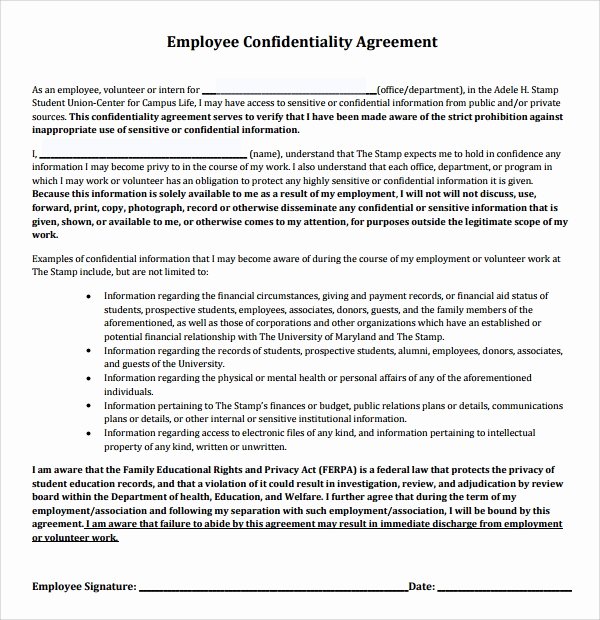 Employment Confidentiality Agreement Template Unique 9 Employee Confidentiality Agreements