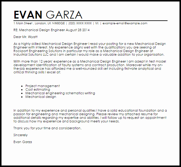 Engineering Cover Letter Template Elegant Mechanical Design Engineer Cover Letter Sample