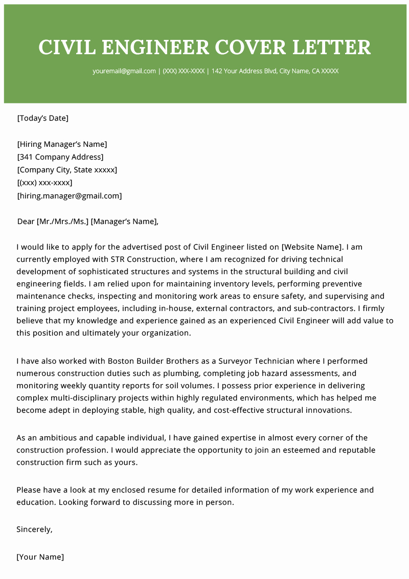 Engineering Covering Letter Template Beautiful Civil Engineer Cover Letter Example