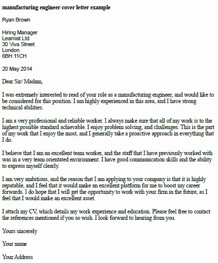 Engineering Covering Letter Template Beautiful Manufacturing Engineer Cover Letter Example Learnist
