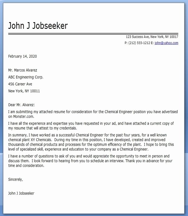 Engineering Covering Letter Template Lovely Chemical Engineering Cover Letter