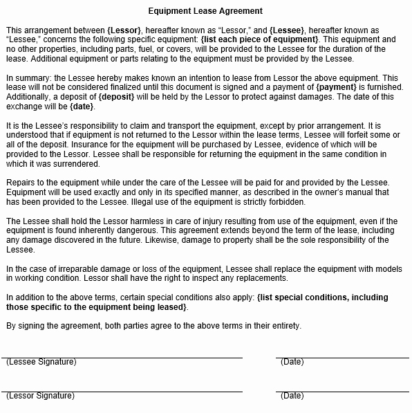 Equipment Lease Agreement Template Luxury Equipment Lease Agreement Template