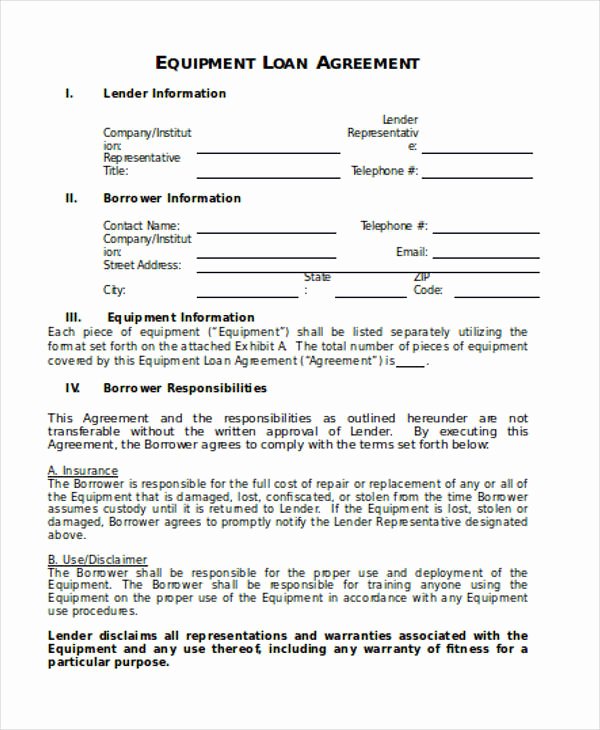 Equipment Loan Agreement Template Unique Loan Agreement form Word