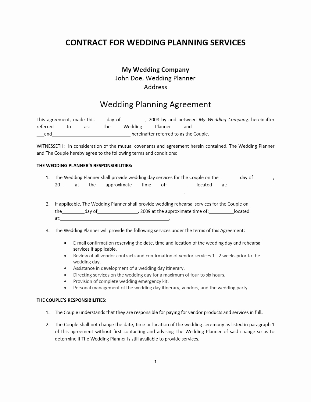 Event Planning Contract Template Beautiful Wedding Planner Contract Template