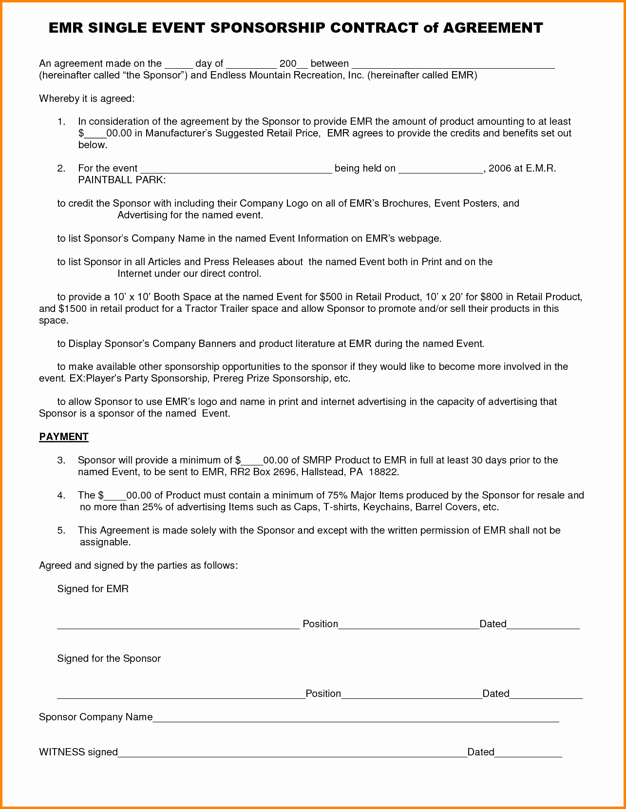 Event Sponsorship Agreement Template Awesome athlete Sponsorship Contract Template