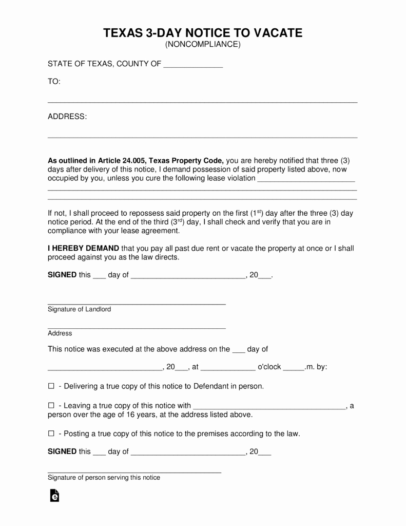 Eviction Notice Template Texas Luxury Free Texas 3 Day Notice to Quit form
