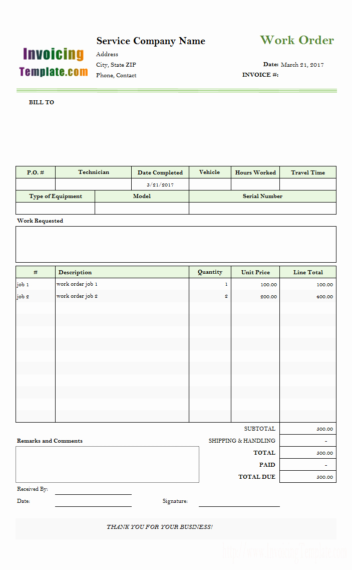 Excel Work order Template New Auto Repair Work order Template