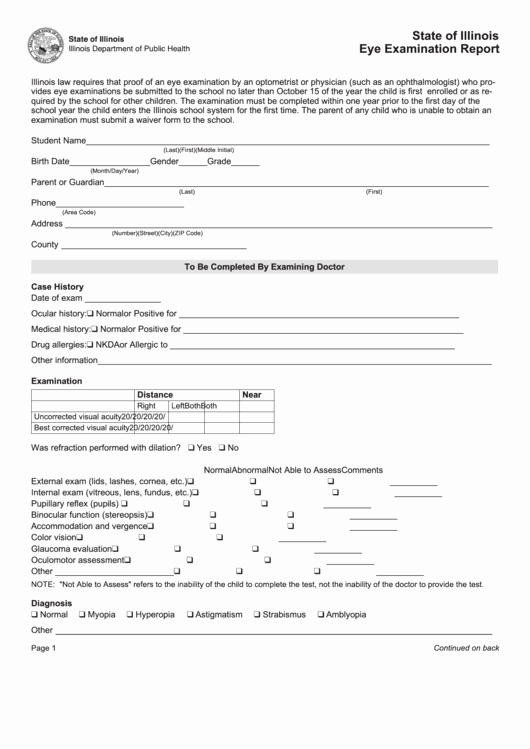 Eye Exam forms Template Luxury State Illinois Eye Examination Report form Printable