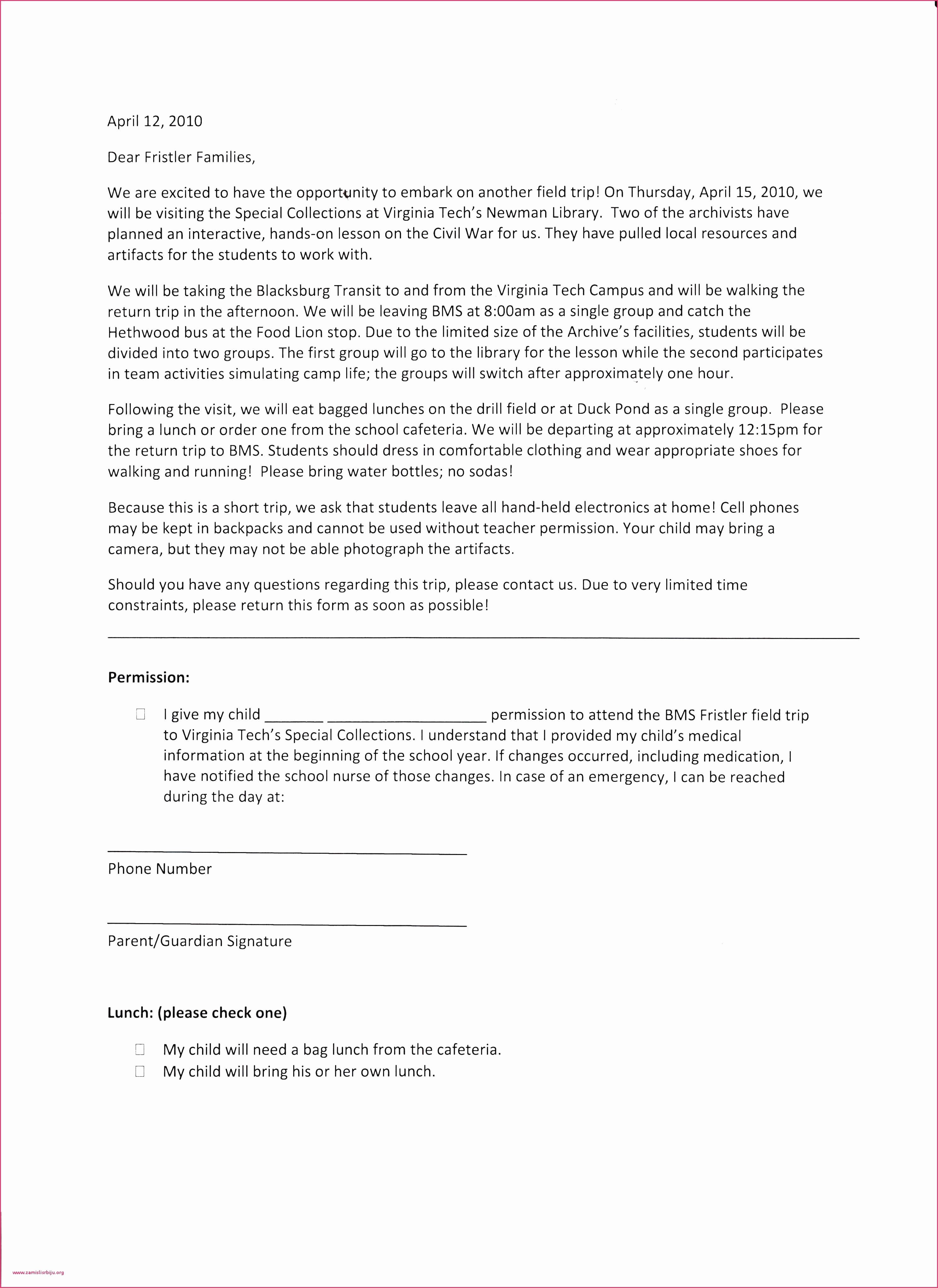 Field Trip Letter Template Unique Permission Letter format for College Parental Consent form