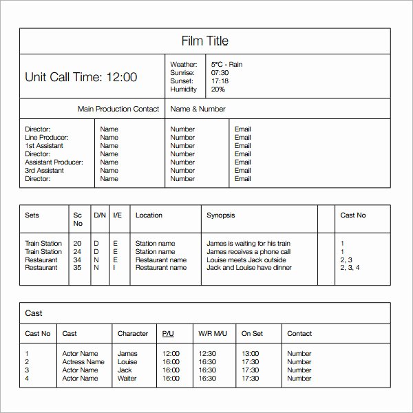 Film Call Sheet Template New 12 Sample Call Sheet Template to Download