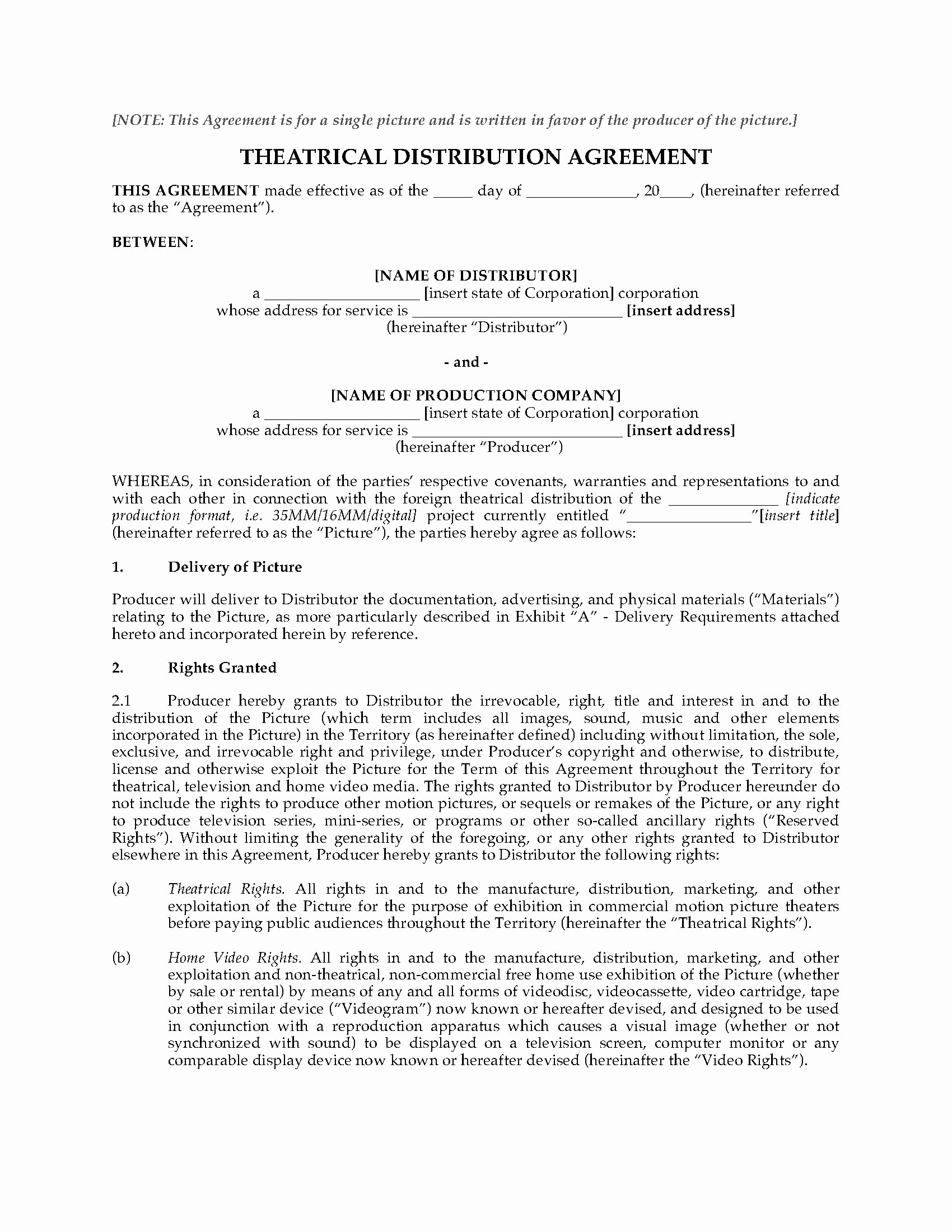 Film Producer Agreement Template Lovely Motion Picture Distribution Agreement Producer