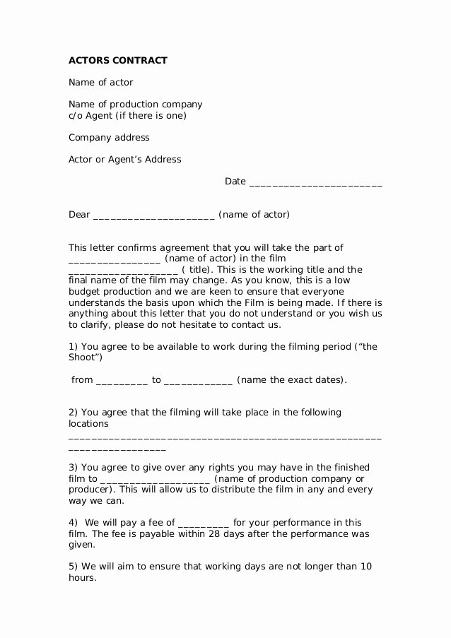 Film Producer Agreement Template New Actors Contract