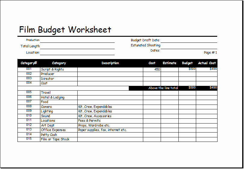 Film Production Budget Template New Bud Worksheet Template for Excel