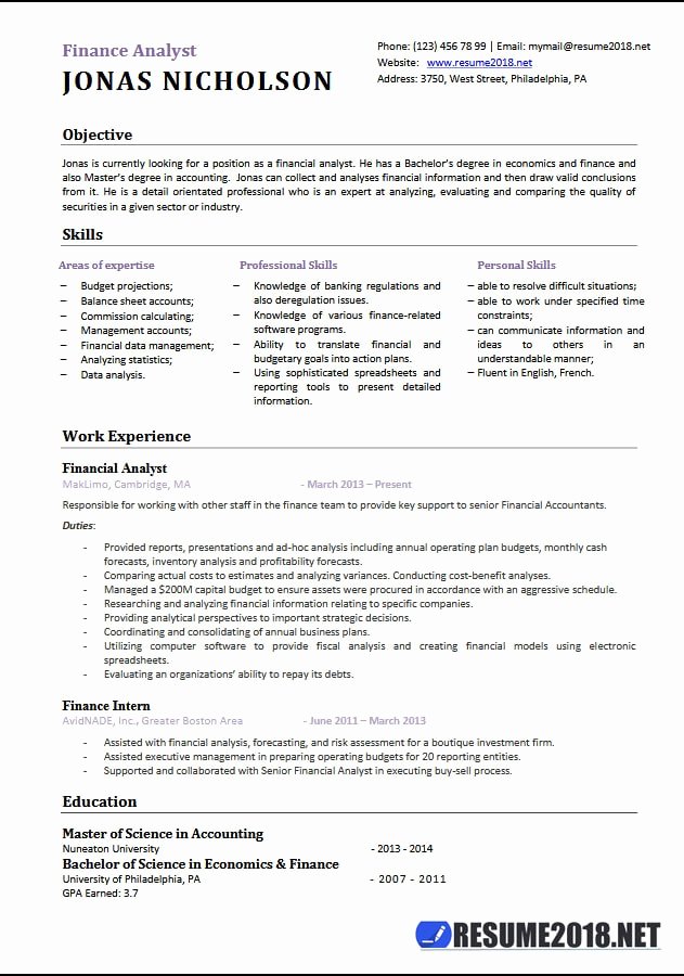 Financial Analyst Resume Template Best Of Finance Analyst Resume Templates 2018 Resume 2018