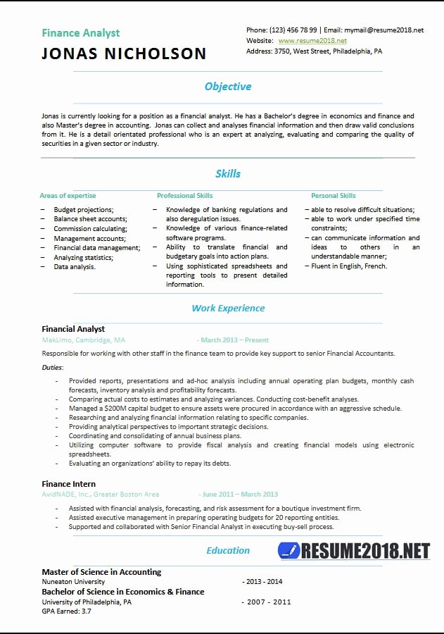 Financial Analyst Resume Template Fresh Finance Analyst Resume Templates 2018 Resume 2018