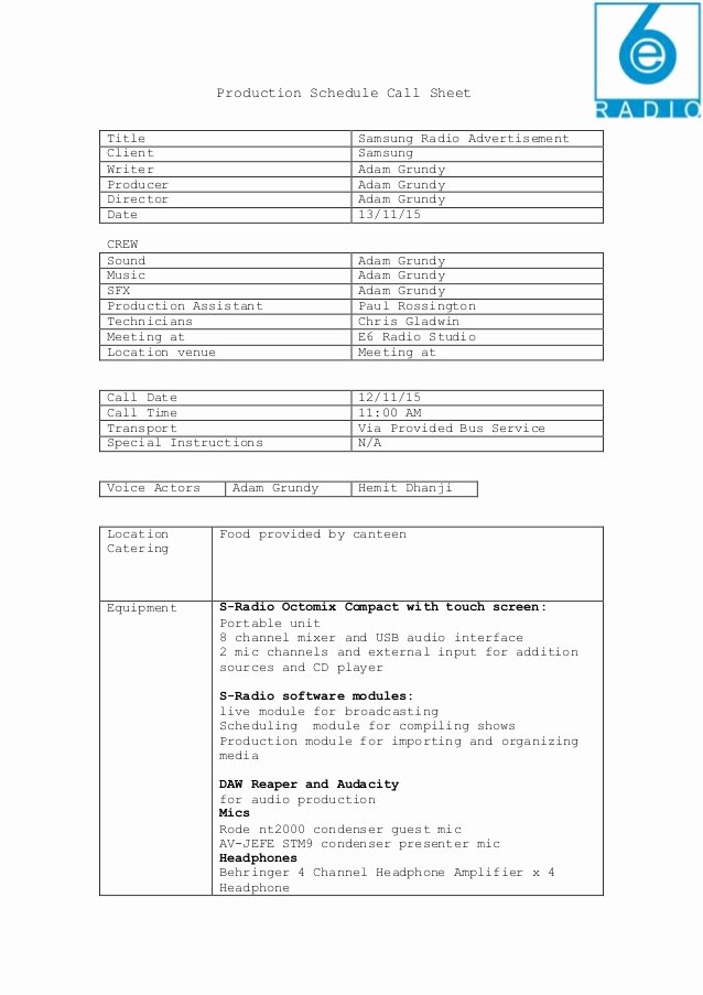 Food Production Sheet Template Lovely Radio Production Schedule Call Sheet Template