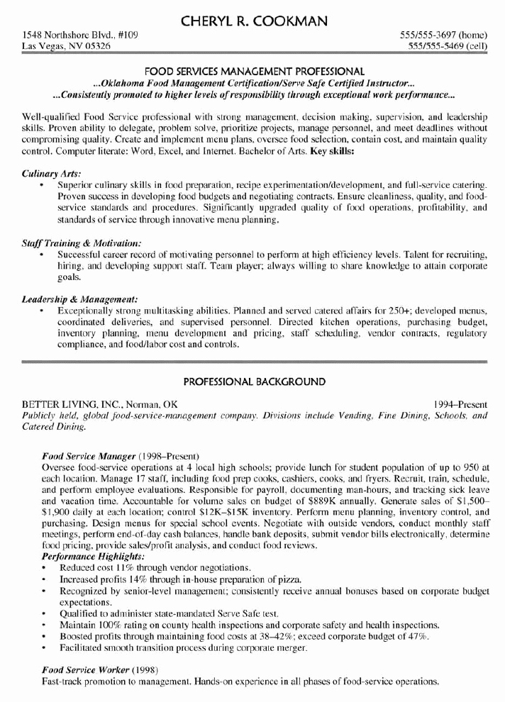 Food Service Resume Template Awesome Food Service Manager Resume