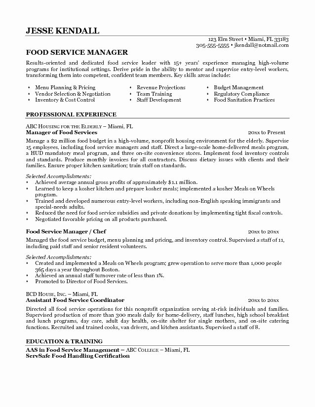 Food Service Resume Template Luxury Food Service Manager Resume