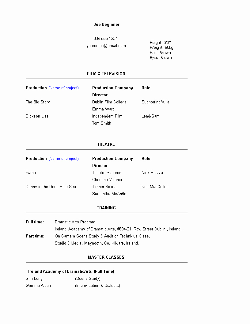 Free Acting Resume Template Awesome Free Beginner Acting Resume Template