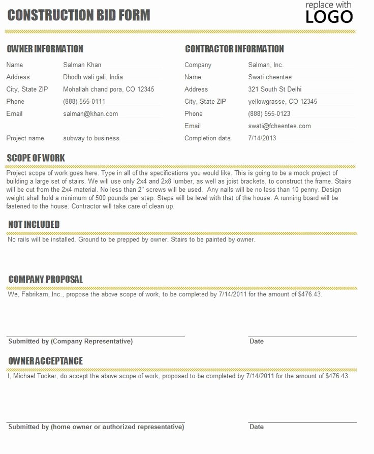 Free Bid Proposal Template Unique Free Construction Time and Material forms