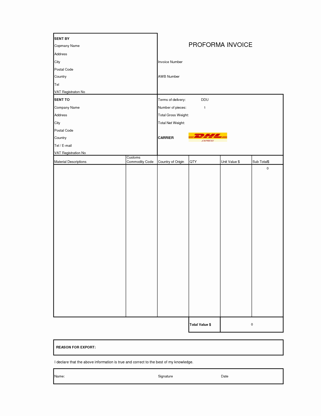 Free Commercial Invoice Template Lovely Dhl Mercial Invoice Template