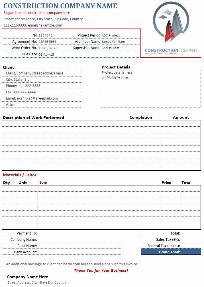 Free Contractor Invoice Template New Construction Contractor Invoice Template