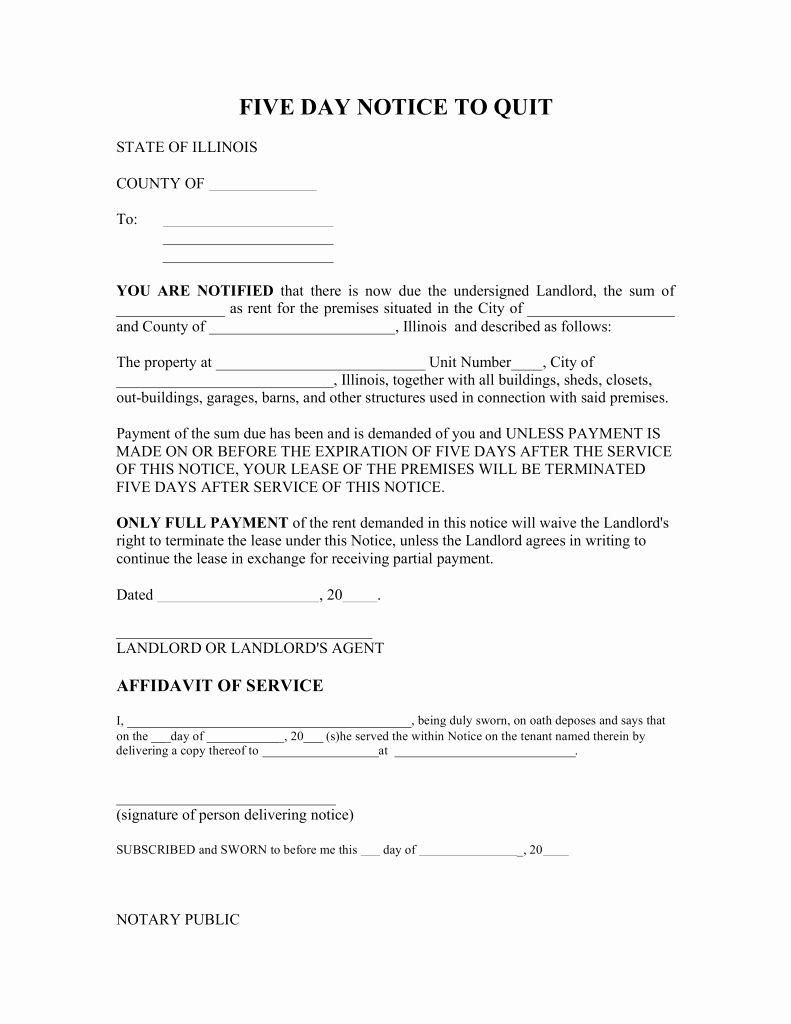 Free Illinois Will Template New Illinois 5 Day Notice to Quit form
