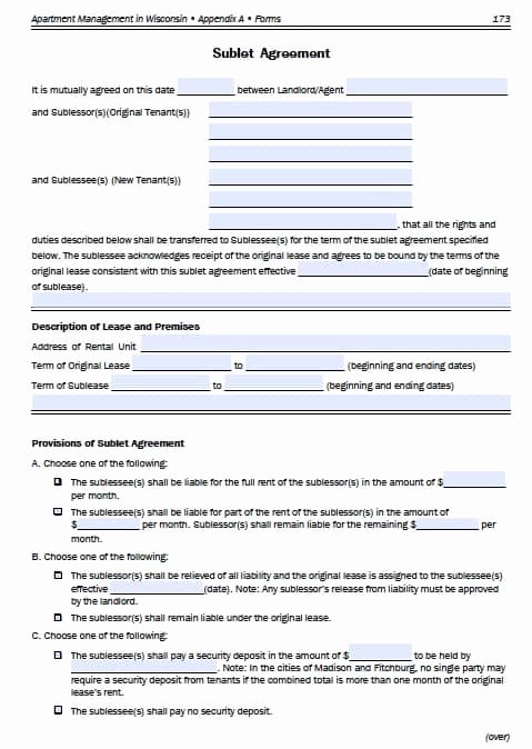 Free Sublease Agreement Template Elegant Free Wisconsin Sublease Agreement for – Pdf Template