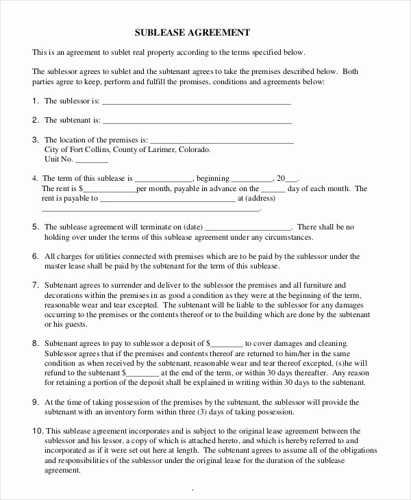 Free Sublease Agreement Template Elegant Printable Blank Lease Agreement form 17 Free Word Pdf