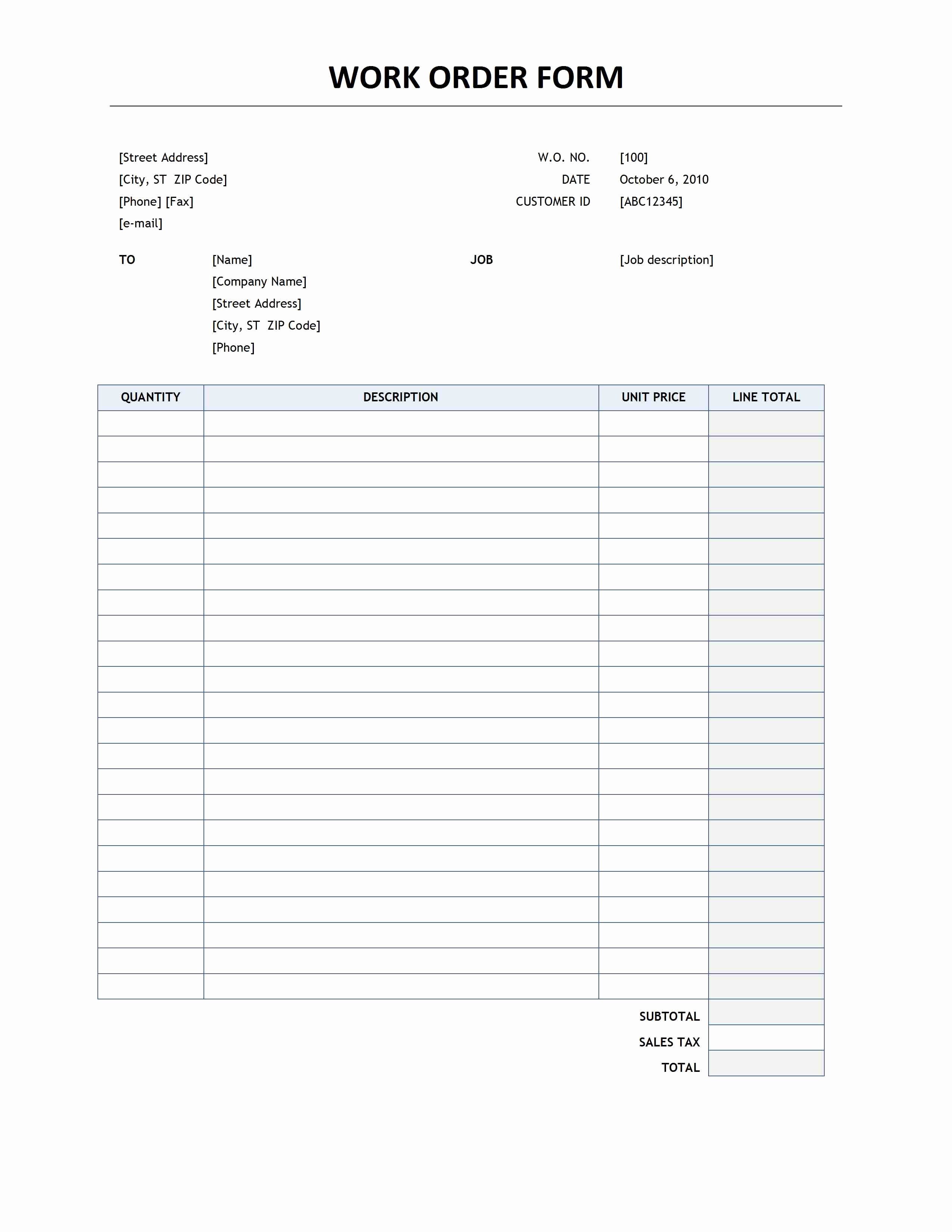Free Work order Template Awesome Work order form Template
