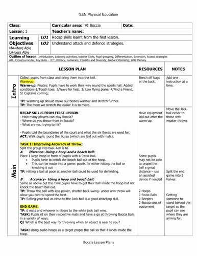 Golf Practice Schedule Template New Vi Boccia Lesson Plans and assessment Sheet by Goldsen