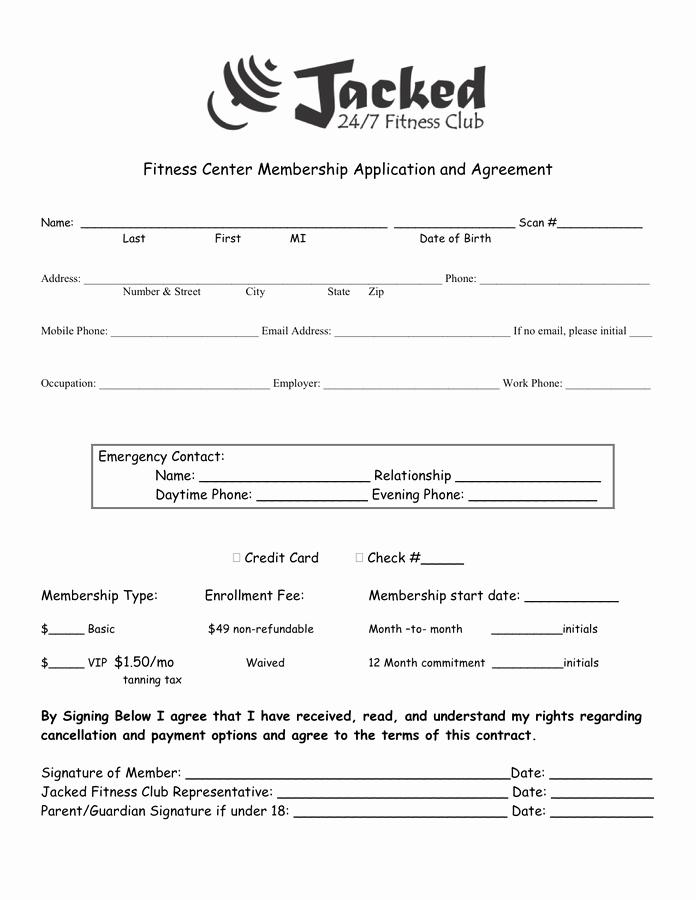 Gym Membership Contract Template Best Of Fitness Center Membership Application and Agreement In