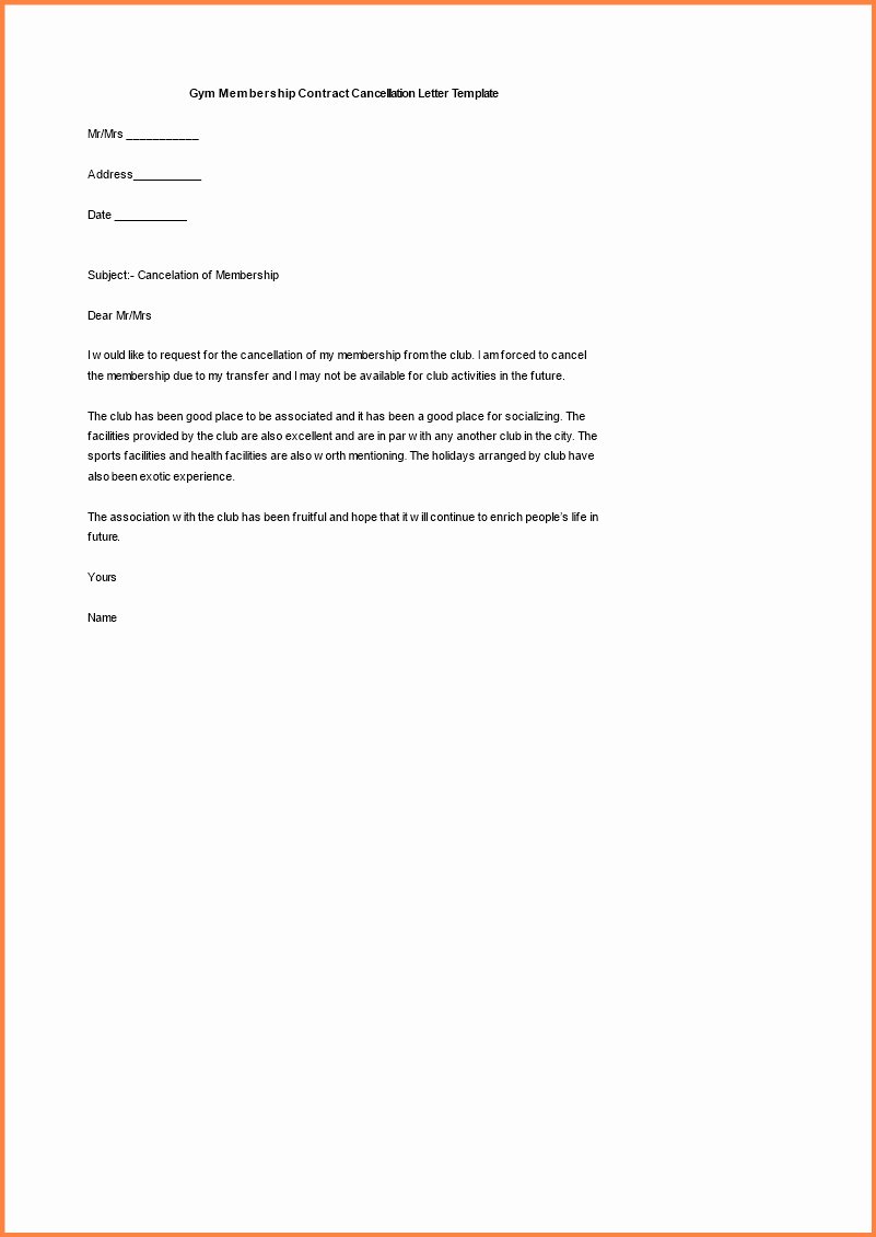 Gym Membership Contract Template Fresh Gym Membership Cancellation Letter Template Free Examples