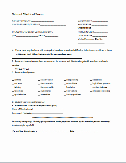 Health History form Template Beautiful Student Medical History form Template