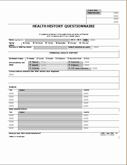 Health History form Template Luxury Health History Questionnaire form Ms Word