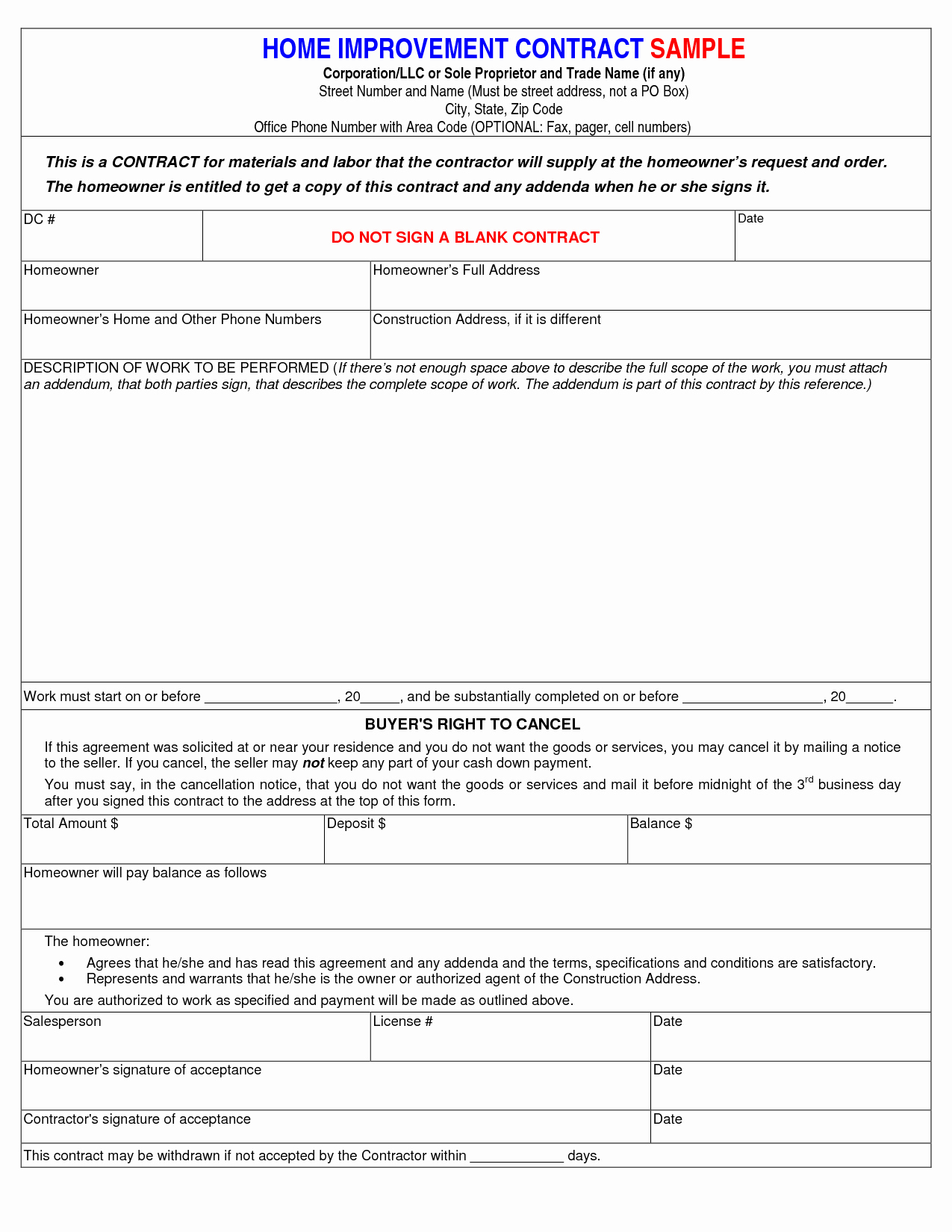 Home Improvement Contract Template Inspirational Home Improvement Contract Free Printable Documents