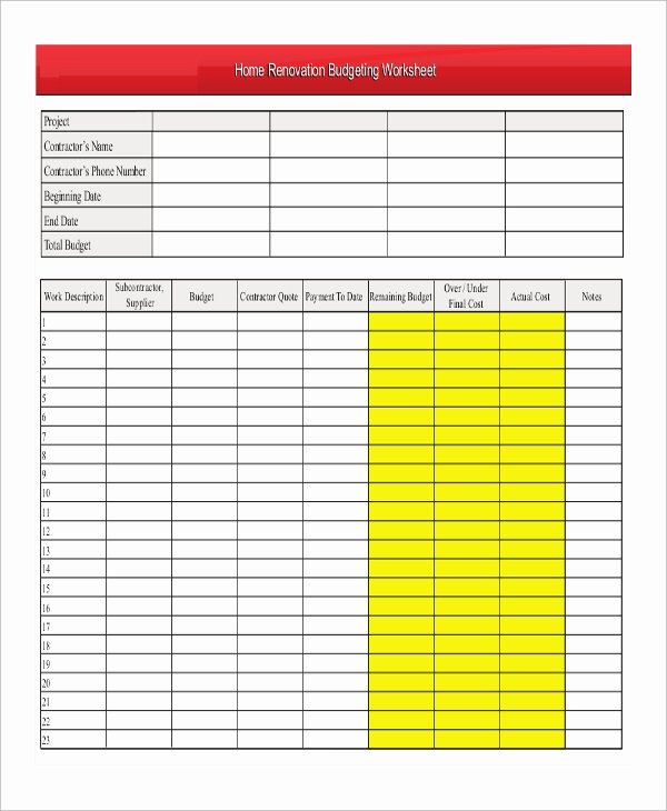 Home Renovation Budget Template Awesome 6 Sample Home Bud Worksheets