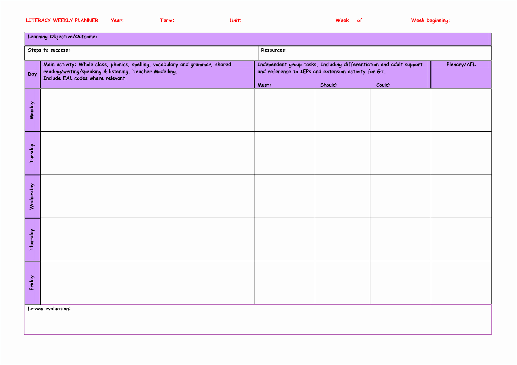 Homeschool Lesson Plan Template Awesome Weekly Planner Template for Teachers