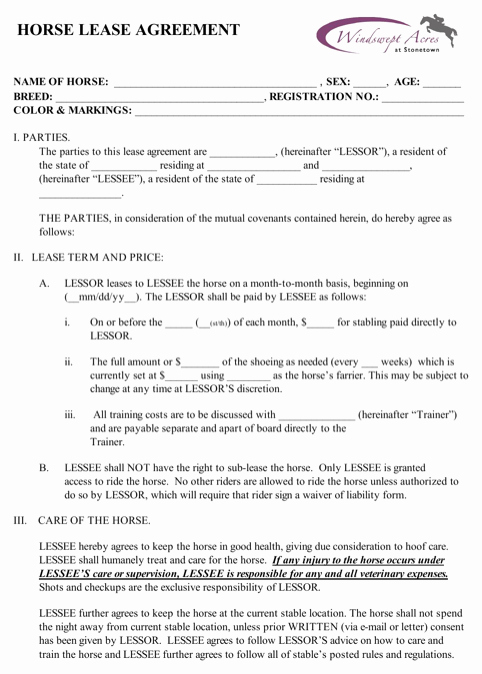 Horse Lease Agreement Template Awesome Download Horse Lease Agreement for Free formtemplate