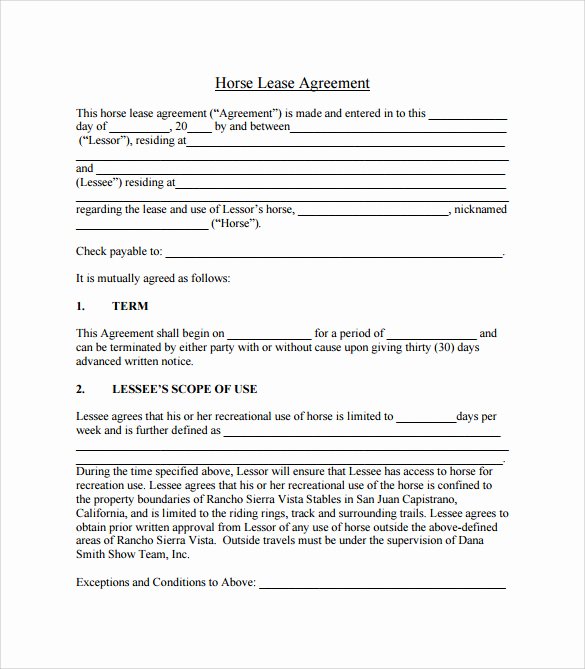 Horse Lease Agreements Template Fresh 8 Sample Horse Lease Agreements