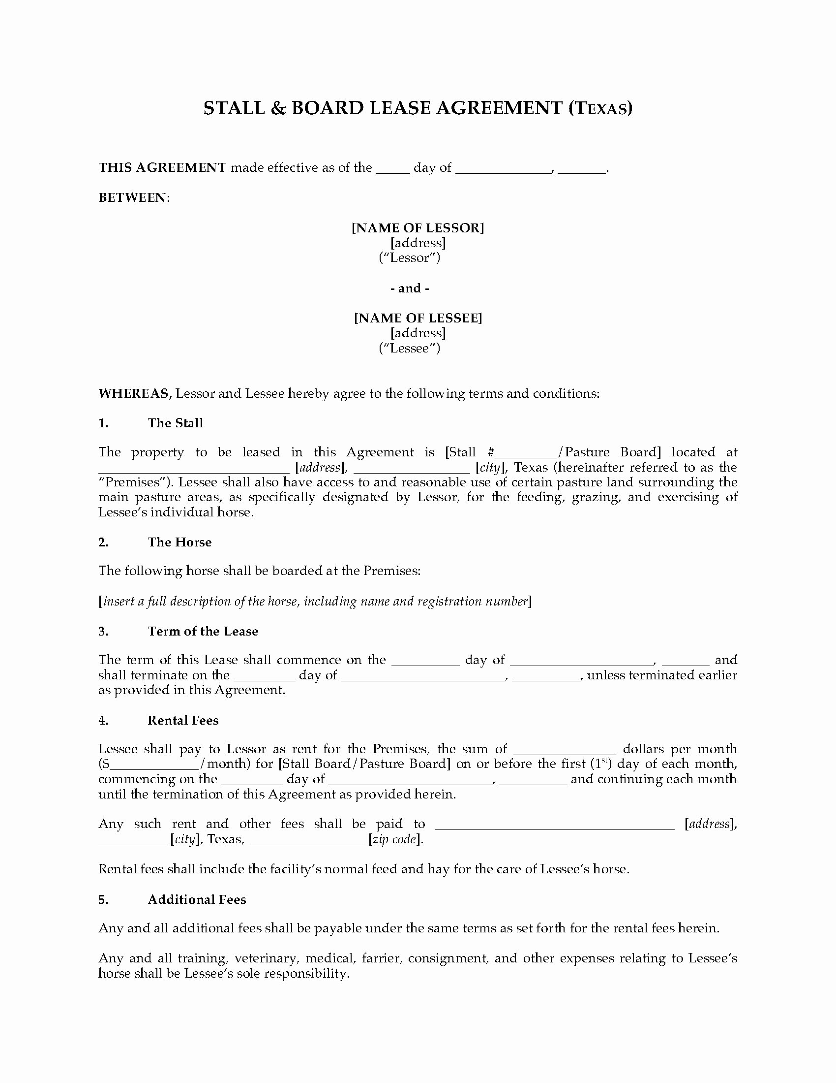 Horse Lease Agreements Template Lovely Texas Horse Boarding and Stall Lease Agreement