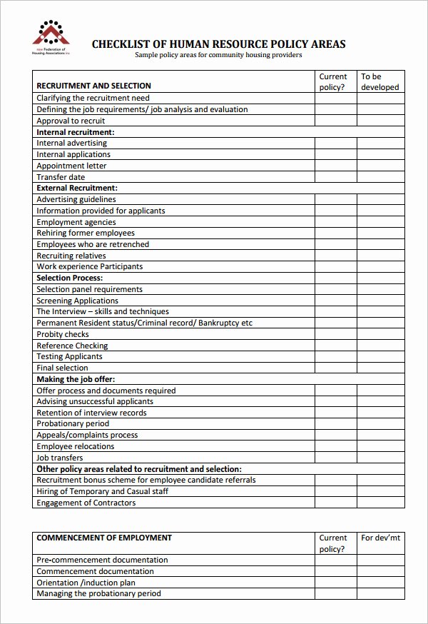 Human Resource Policy Template Inspirational 15 Hr Checklist Templates Free Sample Example format