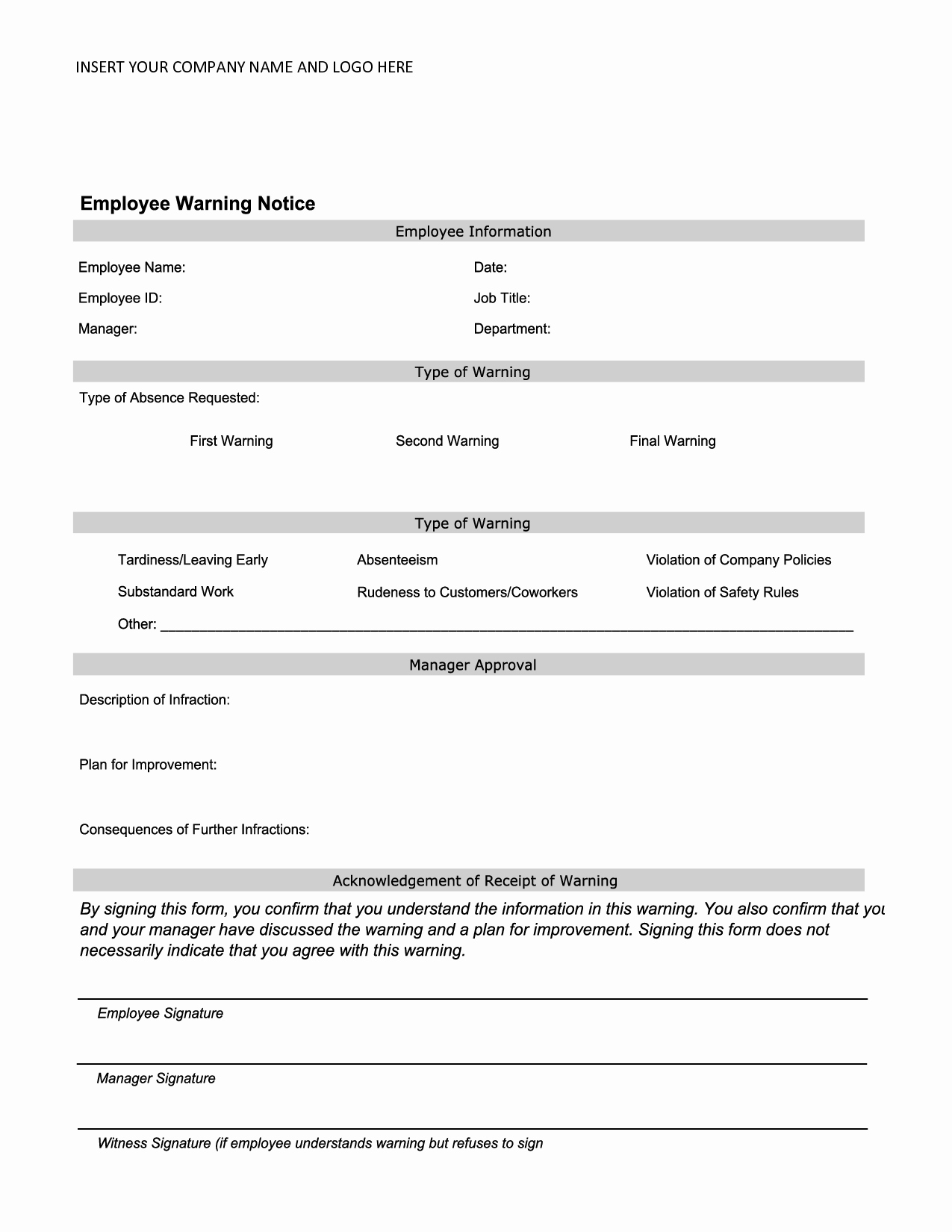 Human Resources Documents Template Elegant Employee Warning Notice Employee forms