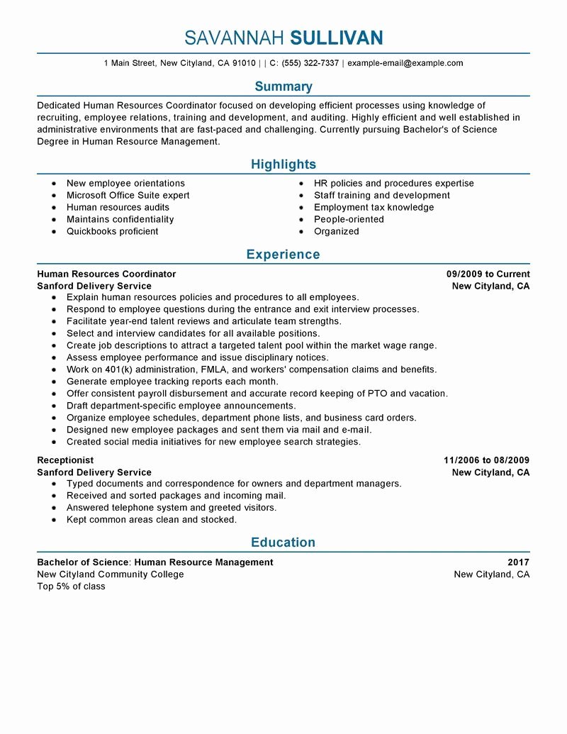 Human Resources Resume Template Awesome Hr Coordinator Resume Example